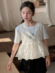 Dazy Kids 少女花卉刺繡荷葉邊無袖上衣 夏季 - 杏色 - 查看 8