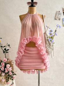 Soleia Women's Elegant Ruffle Backless Halter Top And Mini Skirt Set, Summer - Dusty Pink - View 3