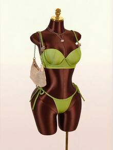 Amplova 2pcs Women's Sexy Halter Rope Detail Swimwear, Shiny Metallic Rope Cup Detail Sexy & Avant-Garde, Suitable For Beach Holiday, Green - Green - View 11
