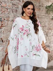 EMERY ROSE Plus Size Women Floral Print Batwing Sleeve Loose Blouse Fall - Multicolor - View 3