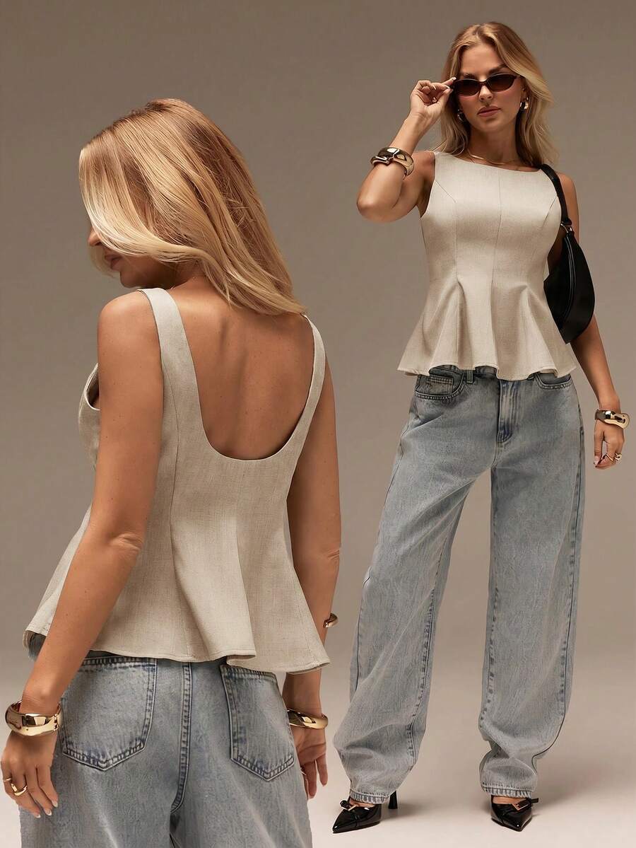 SHEIN Forever 21 春夏女装浪漫/舞会/正式/生日/90年代风格/商务休闲/优雅/西式/外出/时尚/休闲/千禧年风格/夜店/办公室/鸡尾酒会/复古/紧身/锐舞派对/音乐节/趣味/优雅/老钱风/街头风/度假装/乡村音乐会/工作装/端庄/春假/单身派对/演唱会/酷炫/基础款/毕业/A字裙/无袖/灰色上衣 - 杏色 - 查看 1