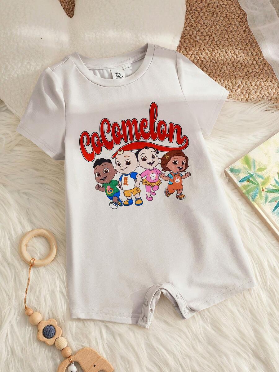 CoComelon X SHEIN Baby Girl Cartoon Print Crew Neck Short Sleeve Romper, - Apricot - View 1