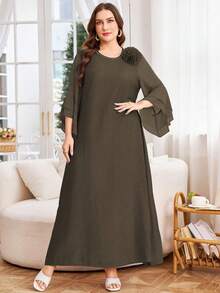 Lacomfia Vestido casual modesto de mujer talla grande de unicolor con parches de gasa - Marrón - Ver 4