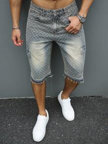 Manfinity Roughcore Men's Summer Casual Washed Frayed Hem Denim Shorts, Holiday - Light Wash - View 3