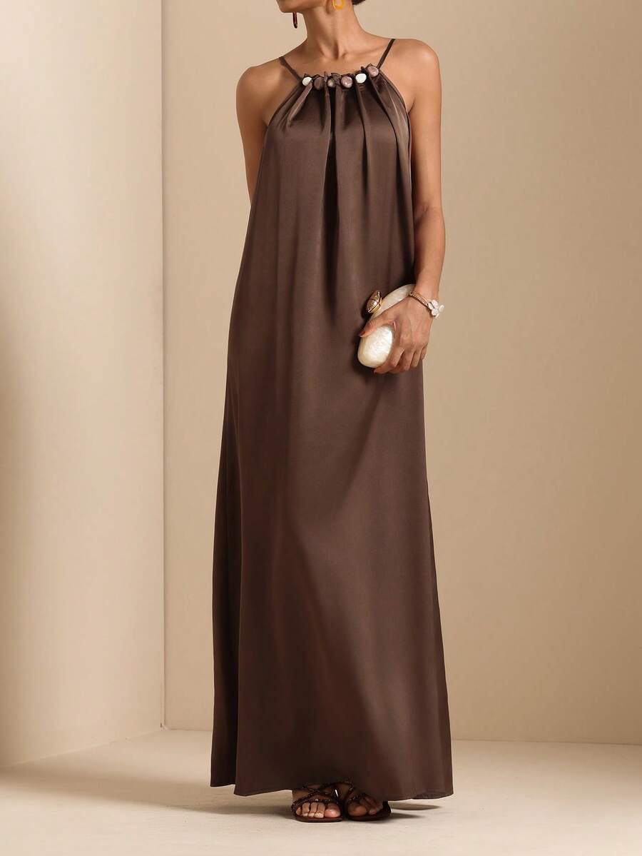 Vesra Vestido Minimalista Sem Mangas de Cor Sólida para Mulheres, Uso Casual Diário - Castanho - Visão 1