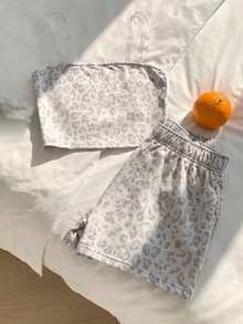 SHEIN Y2K風格豹紋米色休閒無袖上衣與短褲套裝，復古美式甜美校園風，2000年代韓系風格 - 彩色 - 查看 3