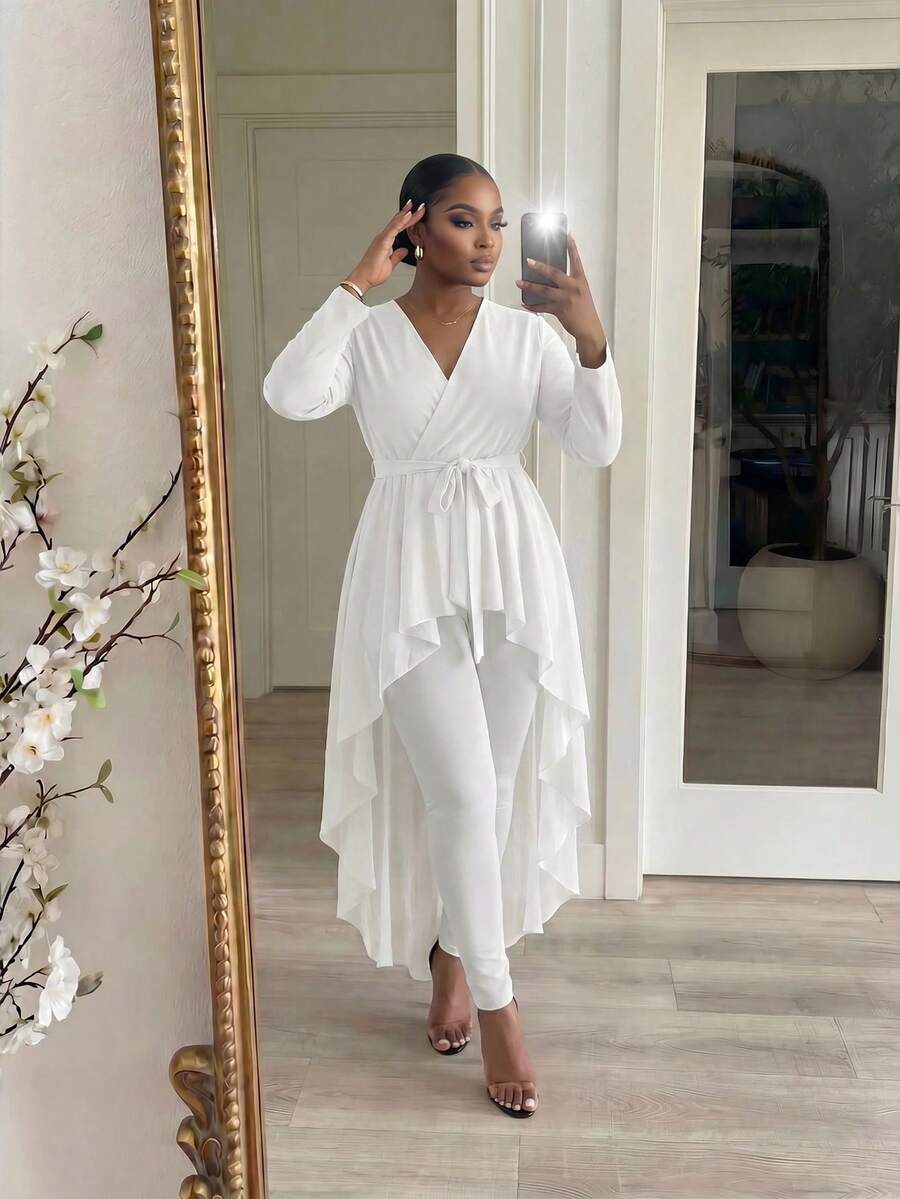 SHEIN Lady CURVE 大尺碼女款V領打結腰身休閒百搭日常穿搭襯衫 - 白色 - 查看 1