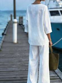 Balvessa Plus Size Women Solid Color Hollow Out Design 3/4 Sleeve Casual Top - White - View 2