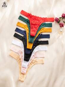 SHEIN 8件/包 女款蕾絲飾邊舒適內褲 - 彩色 - 查看 2