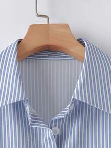 SHEIN Franclia Women's Casual Daily Striped Cherry Print Front Button Long Sleeve Shirt - Blue - View 4