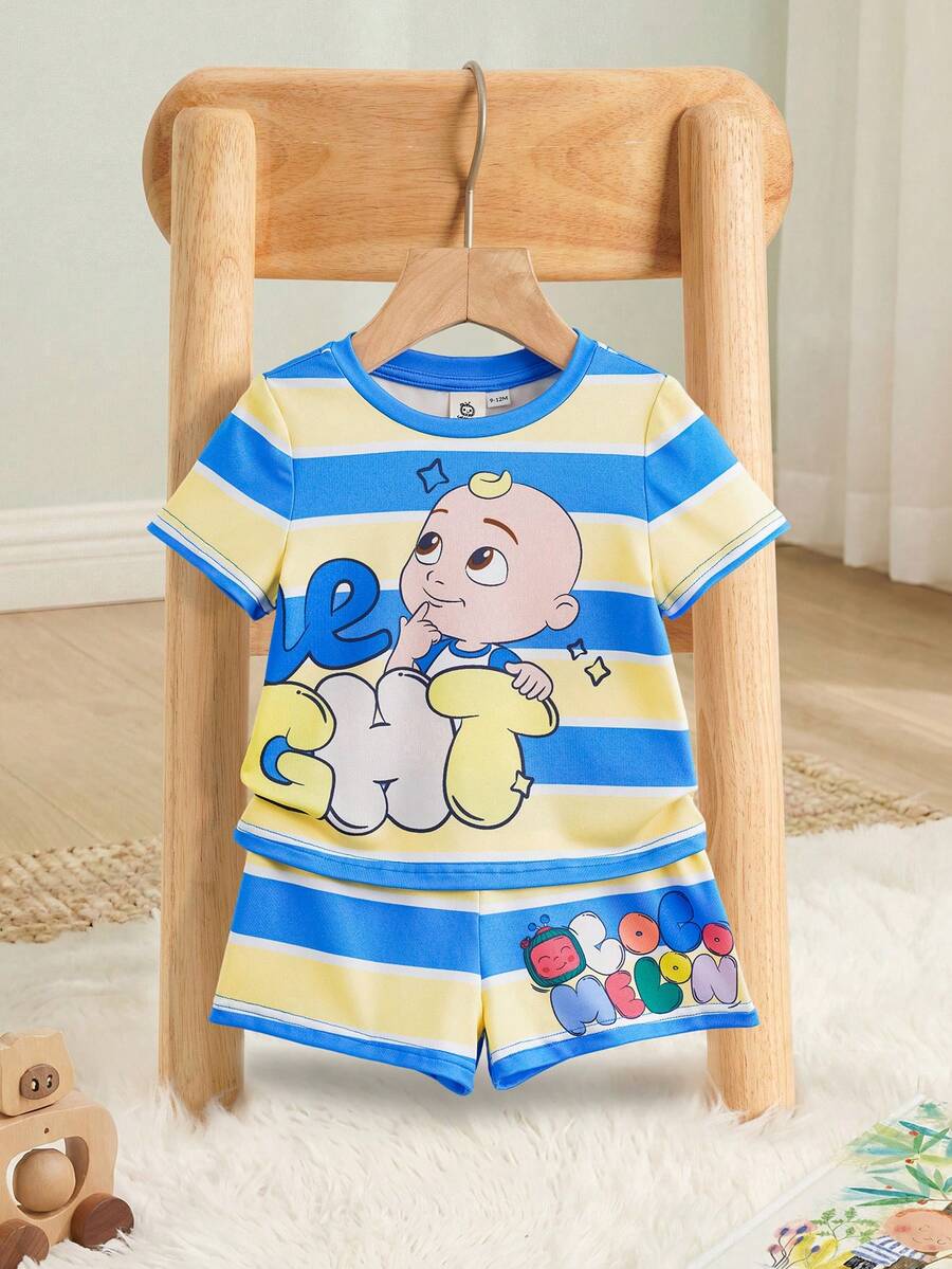 CoComelon X SHEIN 男宝宝夏季休闲度假日常穿着可爱卡通撞色条纹印花短袖T恤和短裤套装 - 淺藍色 - 查看 1