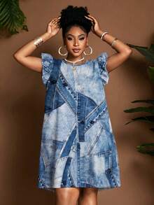 Maweii Robe ample à imprimé floral, col rond, manches volantées, coupe trapèze, style décontracté élégant, design mode, convient pour les trajets, le port quotidien, les vacances, grande taille, vert, printemps/été - Multicolore - Voir 2