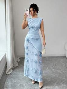 Elenzga 女士纯色3D立体花卉拼接优雅浪漫连衣裙，适合约会、下午茶、毕业典礼、度假等场合穿着。 - 藍色 - 查看 3