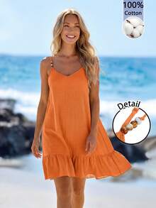 Sylviya Women's Casual Beaded Strap Vacation Dress - Orange - View 3