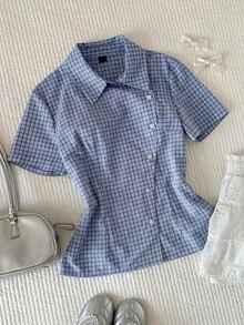 Comfortcana 女款短袖單排扣休閒優雅學院風 70年代復古海軍藍格紋襯衫 開學季夏季早午餐日常校園穿搭 - 藍色 - 查看 8