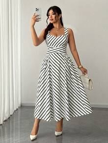 Vestido de mujer talla de elegante unicolor, de tela de alta elasticidad, con diseño de tirantes finos, lazo en la cintura, cintura plisada, falda de talla, diseño versátil, ad - Blanco y Negro 2 - Ver 5