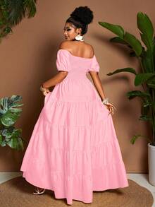 Maweii Plus Size Women's Vacation Solid Color Off-Shoulder Petal Sleeve Ruffle Hem Fashion Dress - Baby Pink - View 2