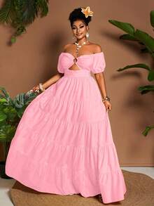 Maweii Plus Size Women's Vacation Solid Color Off-Shoulder Petal Sleeve Ruffle Hem Fashion Dress - Baby Pink - View 5