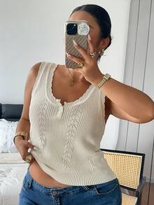 Dazy Plus 女款素色修身短款圓領蕾絲飾邊休閒度假夏季薄款針織背心，大尺碼針織毛衣背心適用於春夏季 - 杏色 - 查看 6