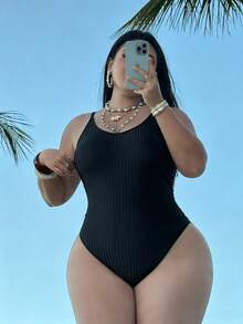 Swim SXY Plus Size Women's Fashionable One-Piece Swimsuit, Round Neck Ribbed Fabric, Hollow Back Ring Design, Sexy Beach Holiday Swimwear - Black - View 2