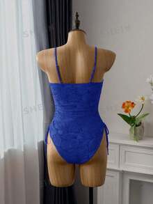 SHEIN Swim 女士度假沙滩印花连体泳衣 - 藍色 - 查看 3