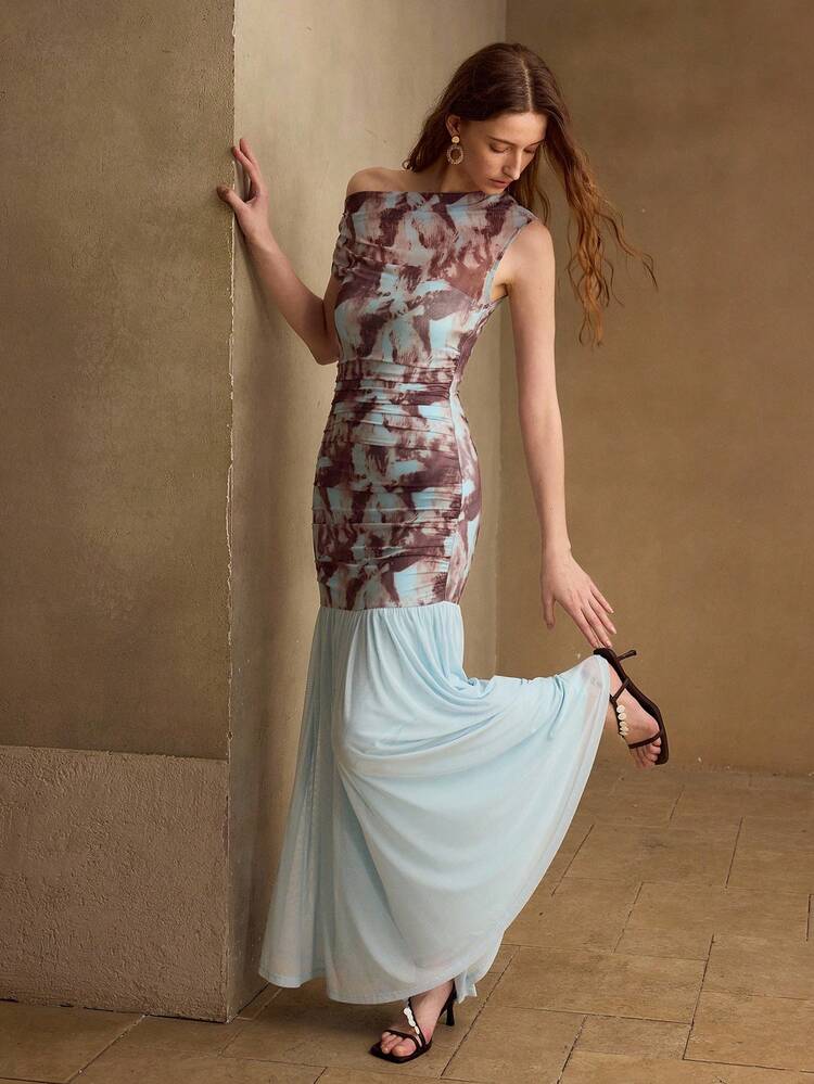 SUMMER ELEGANT ASYMMETRIC SHOULDER TWIST RUCHED WAIST SLIM DRESS FOR WOMEN