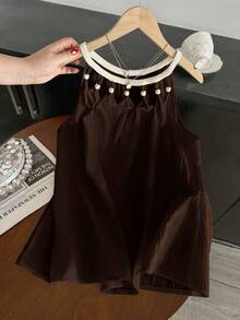 GlowEve Summer Versatile Vacation Casual Beaded Floral Trim Halter Neck Sleeveless Top - Coffee Brown - View 5