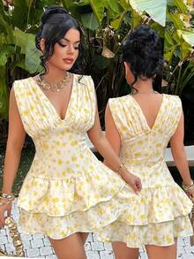 SHEIN SXY Chic Boho Cute Cottage Core Romantic Fairycore Women's Pastel Yellow Floral Short Dress Sleeveless Design Ruffled Hem Summer Brunch Vacation Tea Party - Multicolor - View 6