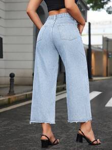 SHEIN ICON Jeans rectos de talle elástico con dobladillo deshilachado en gris claro para mujer de talla grande - Gris - Ver 2