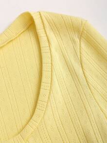 Sweetra Women's Half-Open Cuff Eyelet Lace Trim Solid Color Long Sleeve T-Shirt - Yellow - View 6