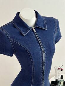 Elamini Plus Size Women's Autumn Navy Blue Denim Elastic Bodycon Dress Back-To-School Graduation 90s Casual Formal - Dark Wash - View 5