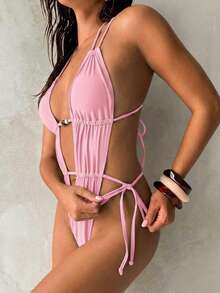 Aloruh Women's Solid Hot Pink Swimsuit, Structured Sexy Tropical Elegant One-Piece Retro Bohemian Beaded Decoration Beach Vacation Outfit Summer - Baby Pink - View 4