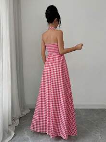 SHEIN Raffinéa Women's Long Red Plaid Halter Dress - Red - View 2