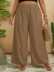 Travachic Pantalones anchos de unicolor casuales de talla grande - Café integral - Ver 5