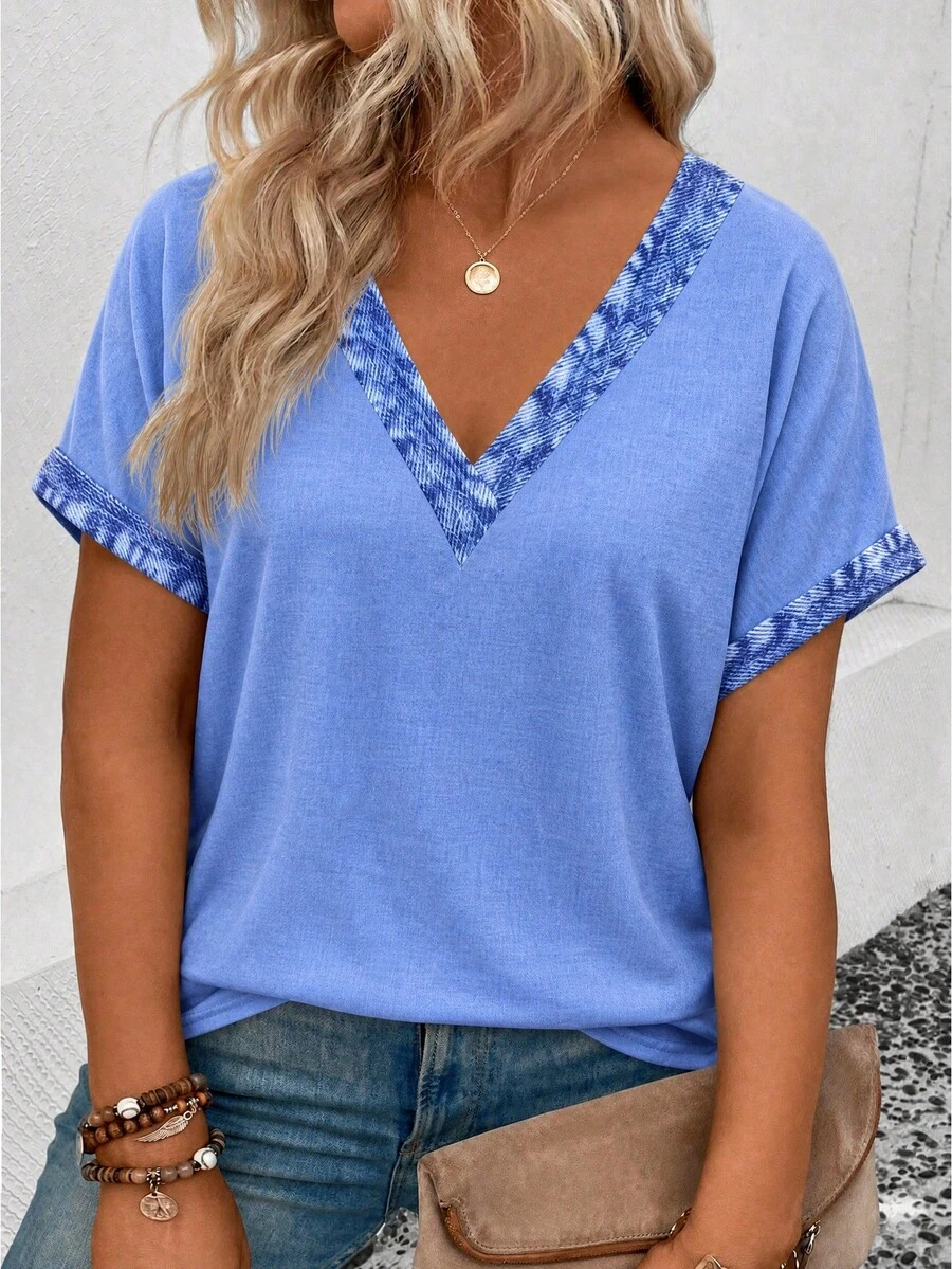 EMERY ROSE Plus Size Women's Spring/Summer New Knitted Denim Print Casual V-Neck Short Sleeve Turnup Cuff, Curved Hem Leopard Print Plus Size T-Shirt - Multicolor - View 1
