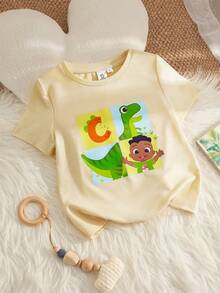 CoComelon X SHEIN Cartoon Dinosaur Print Short Sleeve Casual T-Shirt For Young Boys - Beige - View 1