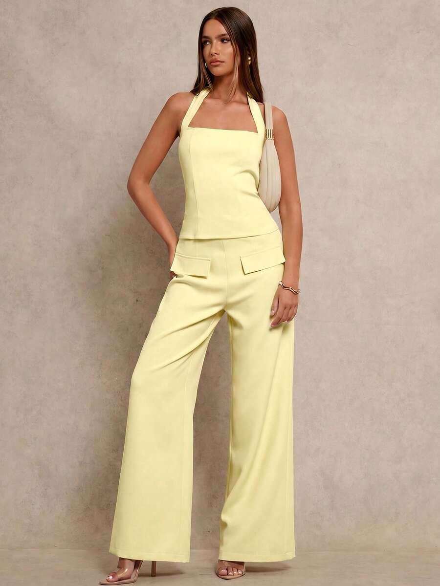 Glamine Halter Tie Waist Slim Sexy Crop Top & Straight Leg Pants 2 Pieces Set, Apricot Woven Fabric, Simple Design, Versatile, New Spring Collection Summer - Yellow - View 1
