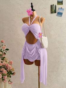 Mistrie Vestido halter con escote sexy para mujer, renacimiento Y2K, estilo dulce y picante, tela transparente, vestido con hombros descubiertos, vestido halter, diseño sexy con recortes, tela de gasa transparente, look de vacaciones, moda 2026, | Ropa, diseño asimétrico con flecos, adecuado para vestido de vacaciones en la playa - Morado - Ver 3