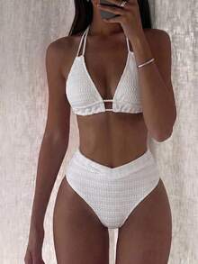 Swim Basics Women's Summer Beach Vacation Solid Color Textured Fabric Backless Tie-Front Split Bikini Set - White - View 4
