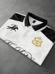 PAVTROS 男士街頭風黑白對比刺繡 Logo Polo 衫，送給男友/丈夫的禮物，週年紀念禮物，儀式場合適用 - 黑與白 - 查看 3