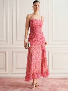 BELROSIE Summer Pink And Orange Floral Elegant Romantic Party Vacation Maxi Dress Sleeveless Chiffon Off-Shoulder Dual-Color Contrast Daisy Print High-Waist - Multicolor - View 5