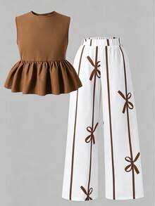 Set de 2 piezas Conjunto de verano para niñas con top sin mangas con volantes en la espalda y pantalones con estampado de mariposas, casual y versátil, adecuado para vacaciones, salidas, compras, ir y venir - Marrón - Ver 4