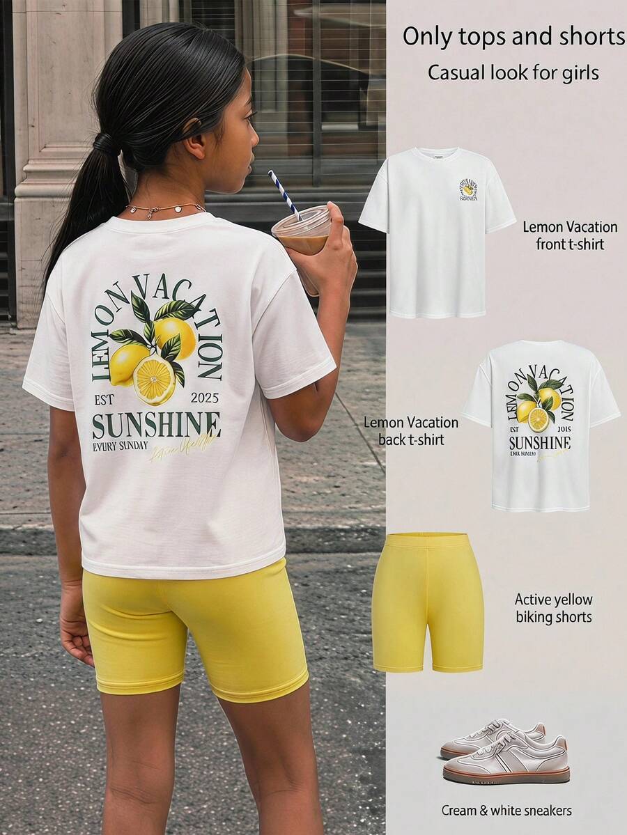Tween Girls Casual Vacation Fashion Lemon Flower Pattern Loose T-Shirt And Skinny Bike Shorts 2 Pieces Set - Yellow - View 1
