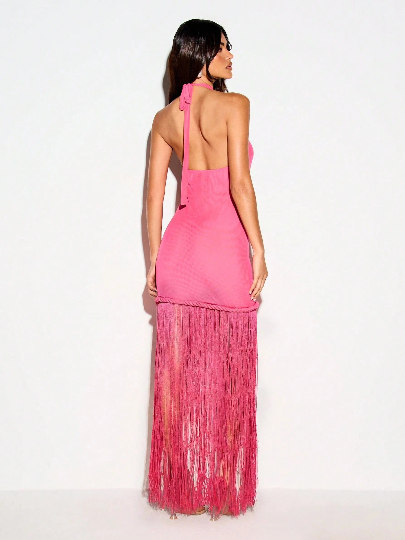 Halter Maxi Dress With Fringe And Twist Detail