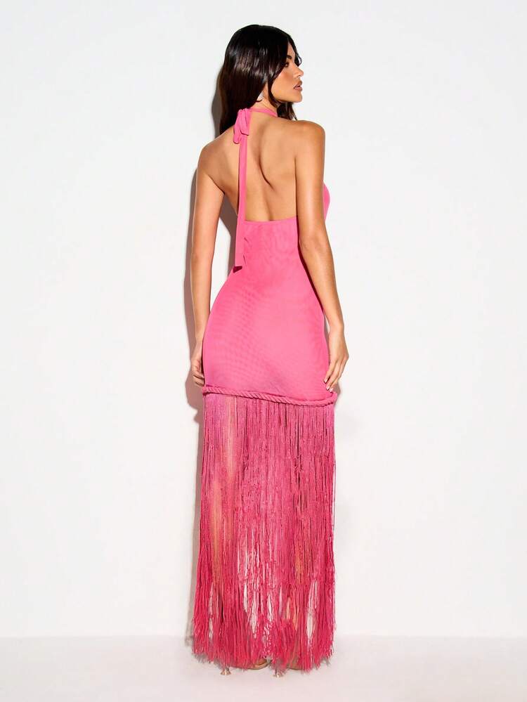 Halter Maxi Dress With Fringe And Twist Detail