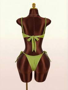 Amplova 2pcs Women's Sexy Halter Rope Detail Swimwear, Shiny Metallic Rope Cup Detail Sexy & Avant-Garde, Suitable For Beach Holiday, Green - Green - View 12