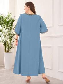 Lacomfia Fashionable & Elegant Plus Size Women Applique Decor 3/4 Sleeve Dress Fall - Blue Day - View 2