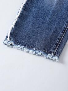 Genkimix Kids Denimly 青少女刺繡破洞直筒牛仔褲，休閒時尚學院風淺色水洗藍布料，不對稱破洞設計，高腰 - 藍色 - 查看 3