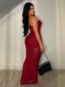 SHEIN SXY 紅色無袖性感透視網紗洋裝 - 紅色 - 查看 2