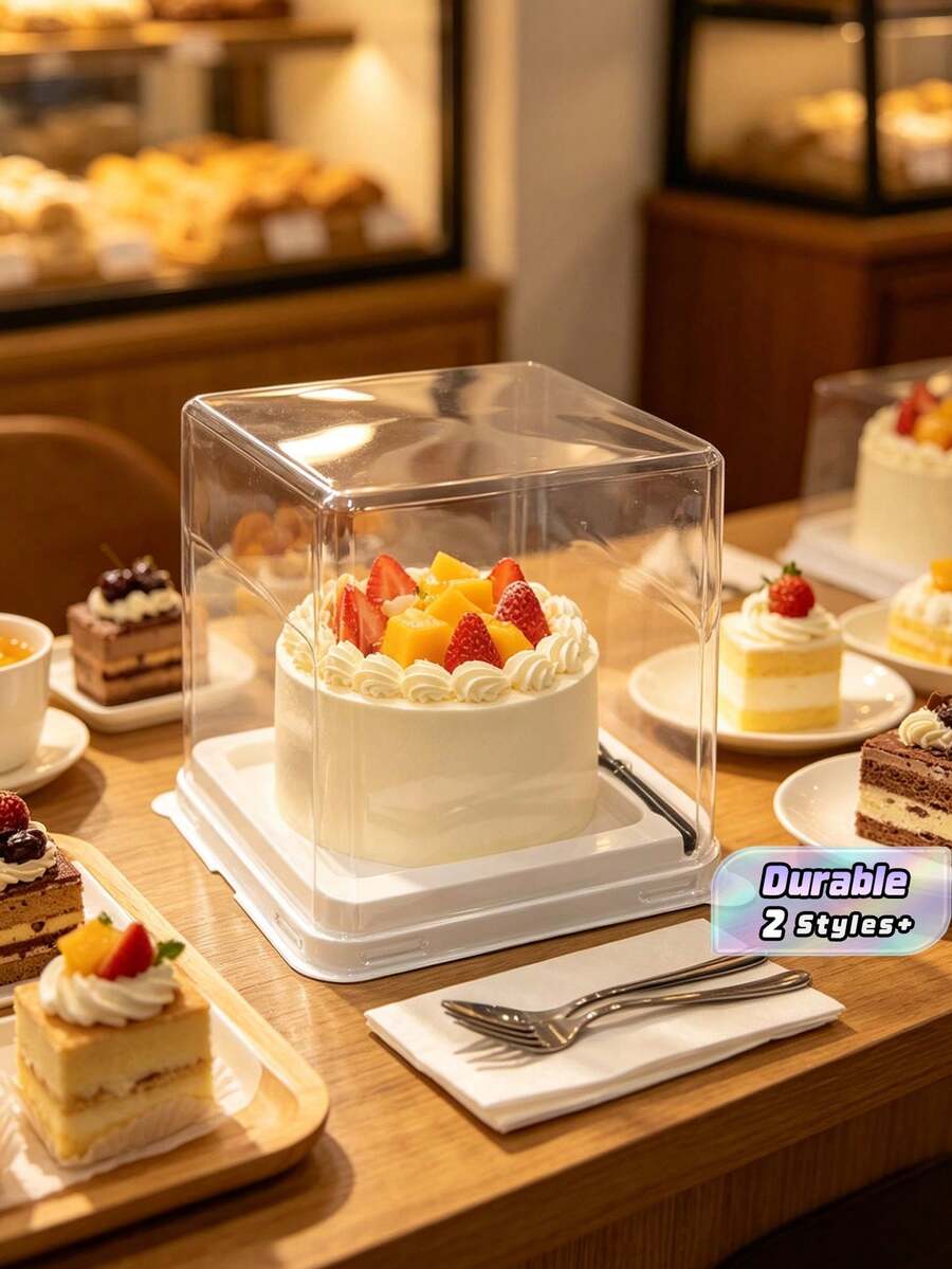 10/20pcs Square Cake Box Sets, Black Forks, Multi-Layer Cake Box, Transparent Dessert Packaging Box, Suitable For Dessert And Cake Packaging, For Use In Kitchens And Cake Shops - Multicolor - View 1